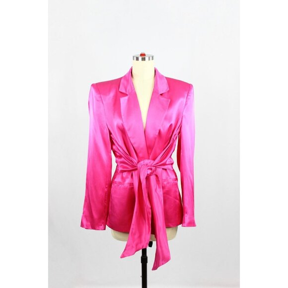 ZARA Hot Pink Satin Waist Tie Oversized Single Breasted Blazer Jacket, Size L - Picture 1 of 15